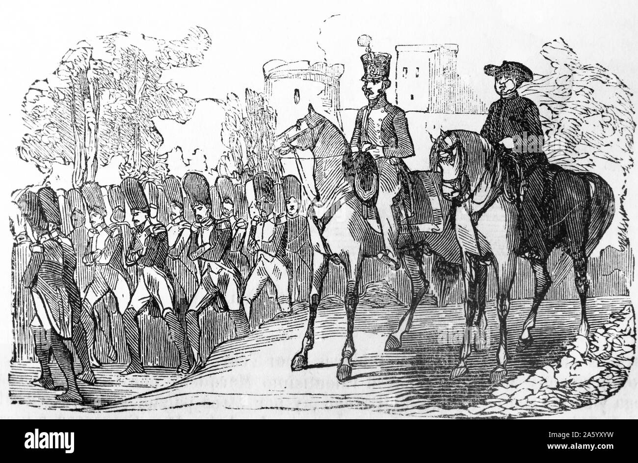 Gravure illustrant la prise de Vigo, en Espagne, pendant la guerre d'indépendance entre une force française sous le général Gouvion Saint-Cyr et une force espagnole sous le général Reding. Datée 1809 Banque D'Images