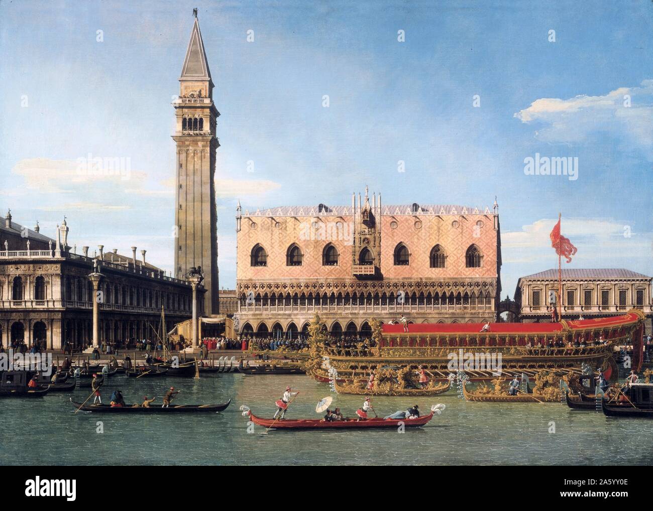 La peinture intitulée "Le Bucintoro au Molo le jour de l'Ascension" par Giovanni Antonio Canal (1697-1768), mieux connu sous le nom de Canaletto, est un peintre italien de paysages, ou des vedute, de Venise. Il était aussi un important graveur dans la gravure. Datée 1745 Banque D'Images