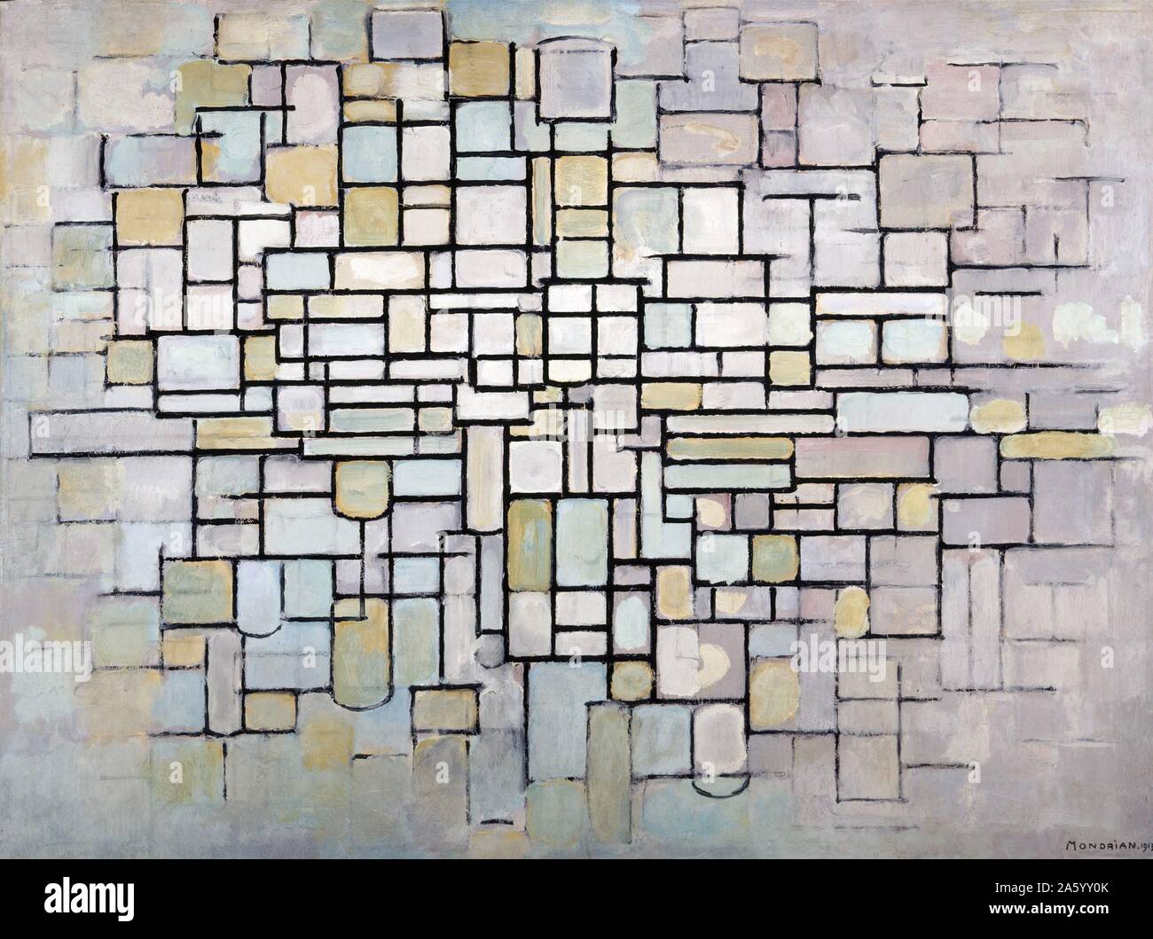La peinture intitulée "Composition no. 11' par Piet Mondrian (1872-1944) peintre hollandais. Il était un contributeur à l'art et le mouvement De Stijl, groupe qui a été fondé par Theo van Doesburg. Il a évolué d'une forme non représentatif qui'il a qualifié de neoplasticism. Datée 1942 Banque D'Images