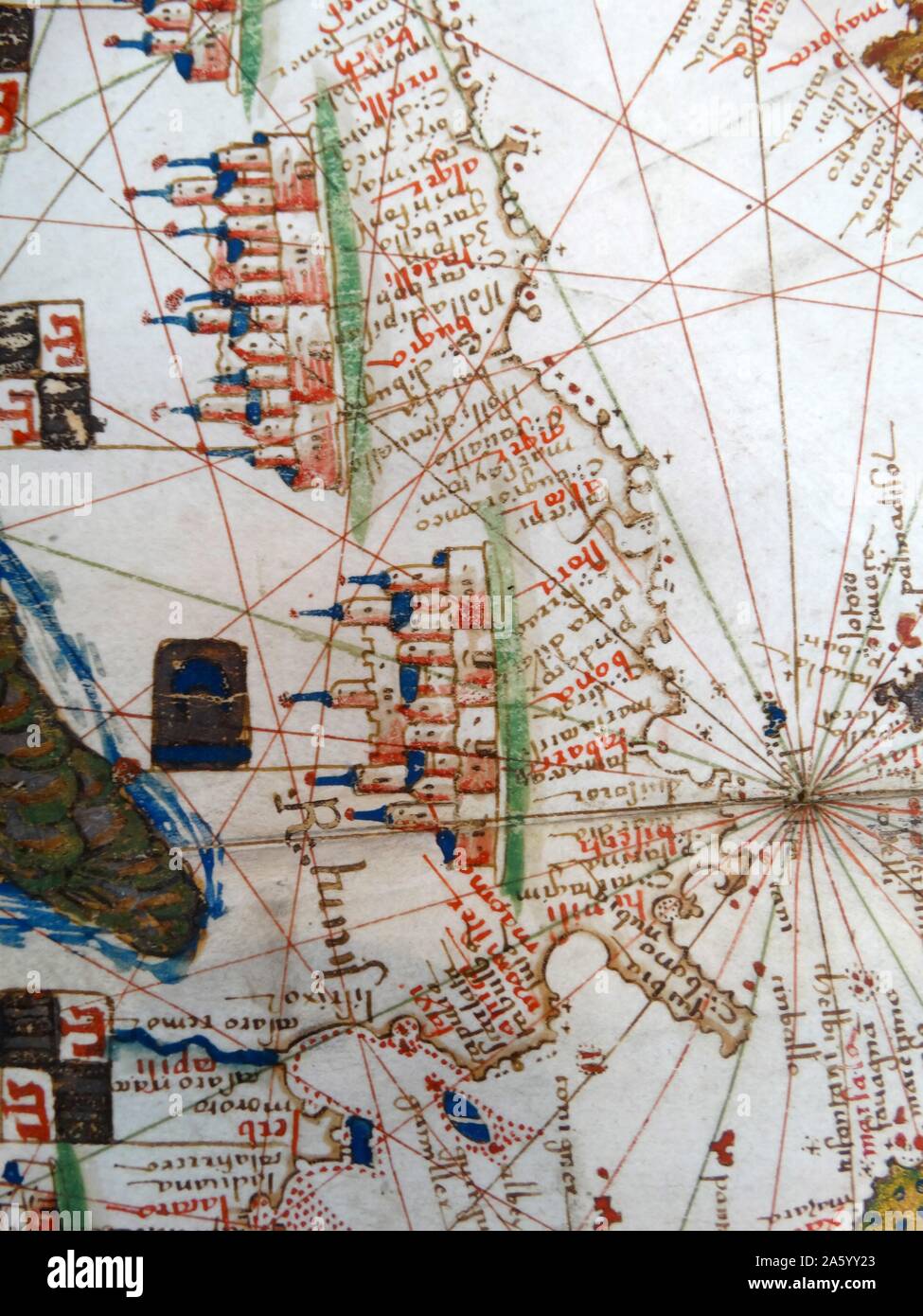 Carte de l'Europe de la Renaissance, Jacopo Russo, 1528, détail montrant la côte méditerranéenne de l'ouest de l'Afrique du Nord Banque D'Images