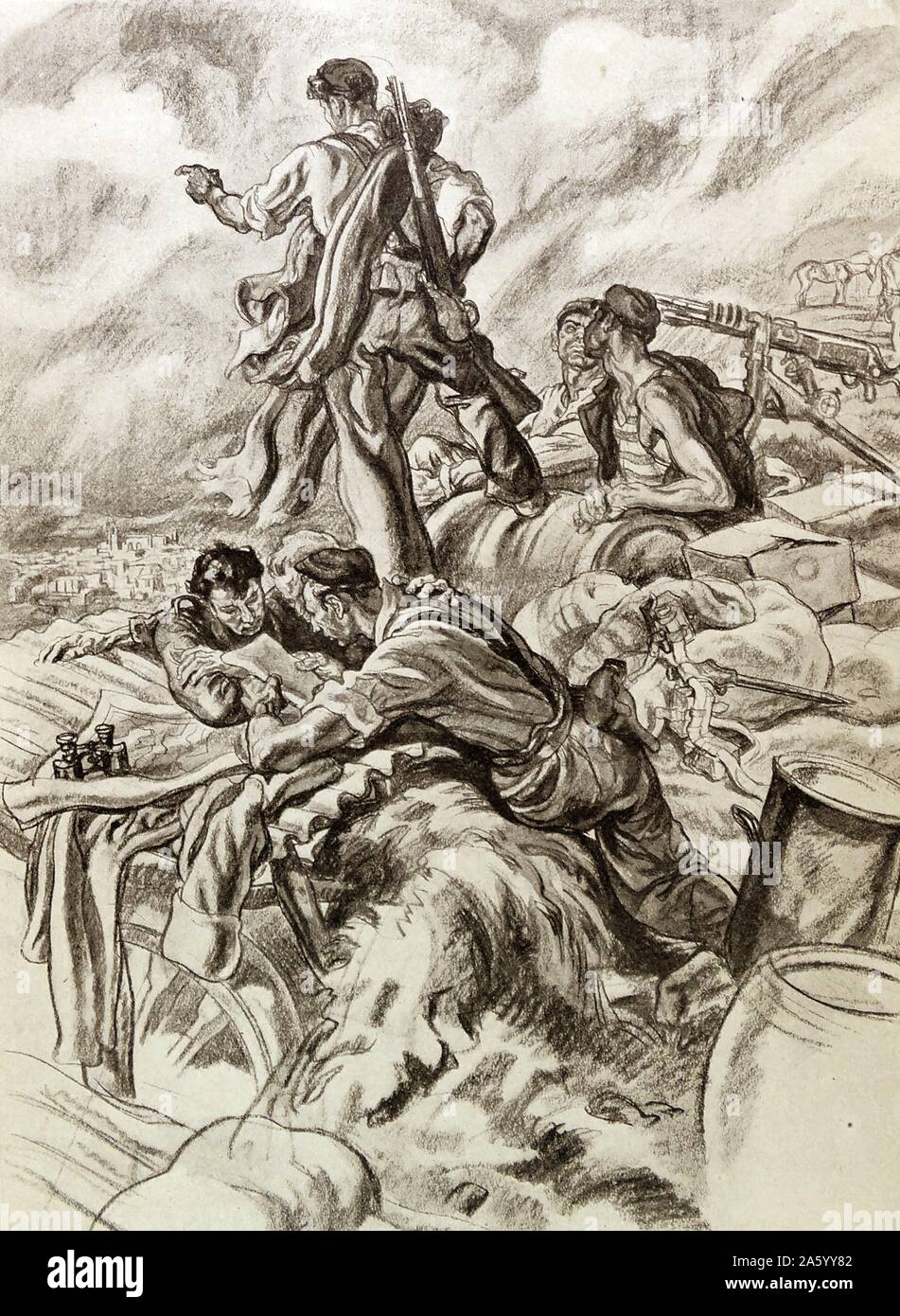 Le siège d'Oviedo, en 1936 dans la guerre civile espagnole. La garnison militaire rose à l'appui du coup d'état et se leva d'un siège de trois mois jusqu'en 1937. Illustration par Carlos Saenz de Tejada (1897 - 1958 ) peintre et illustrateur espagnol;identifié avec le fasciste (nationaliste) dans la guerre civile espagnole. Banque D'Images