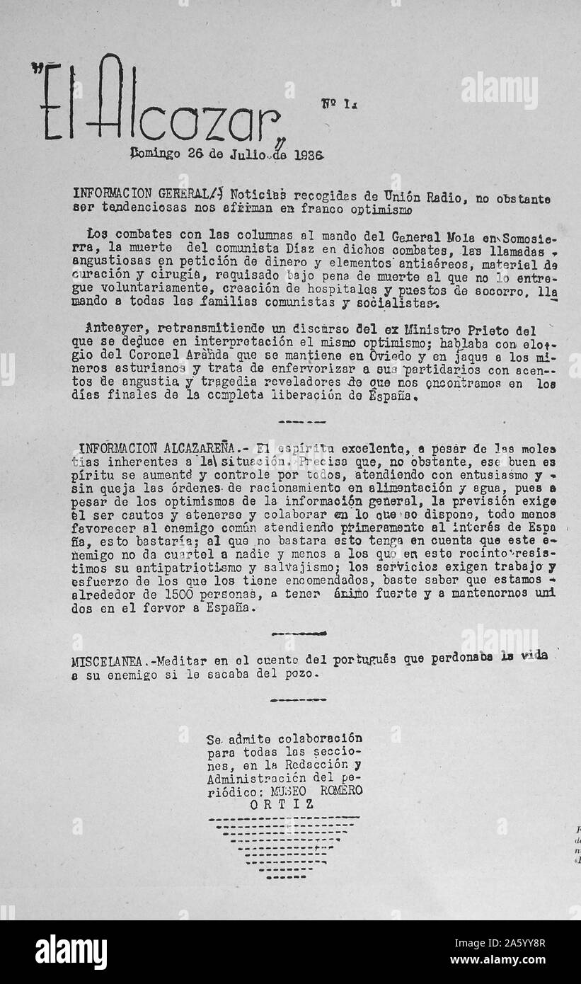 26 Juillet 1936 Question de 'El Alcazar'. Créé en 1936 l'étude a été fondée en tant que principal porte-parole nationaliste durant le siège de l'Alcazar en hommage aux défenseurs de l'Alcazar de Tolède Banque D'Images