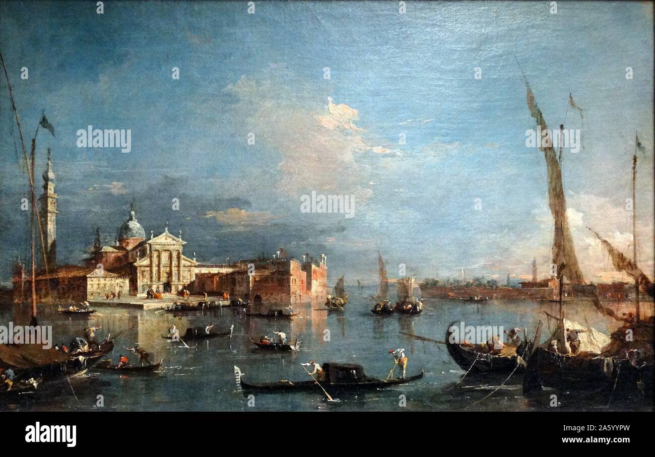 La peinture intitulée 'L'église de S Giorgio Maggiore' par Francesco Guardi (1712-1793) peintre vénitien de veduta, membre de l'École vénitienne. En date du 18e siècle Banque D'Images