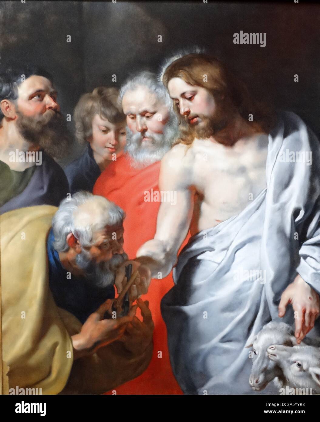 La peinture intitulée 'Charge du Christ à Pierre" de Peter Paul Rubens (1577-1640), peintre baroque flamand. En date du 17e siècle Banque D'Images
