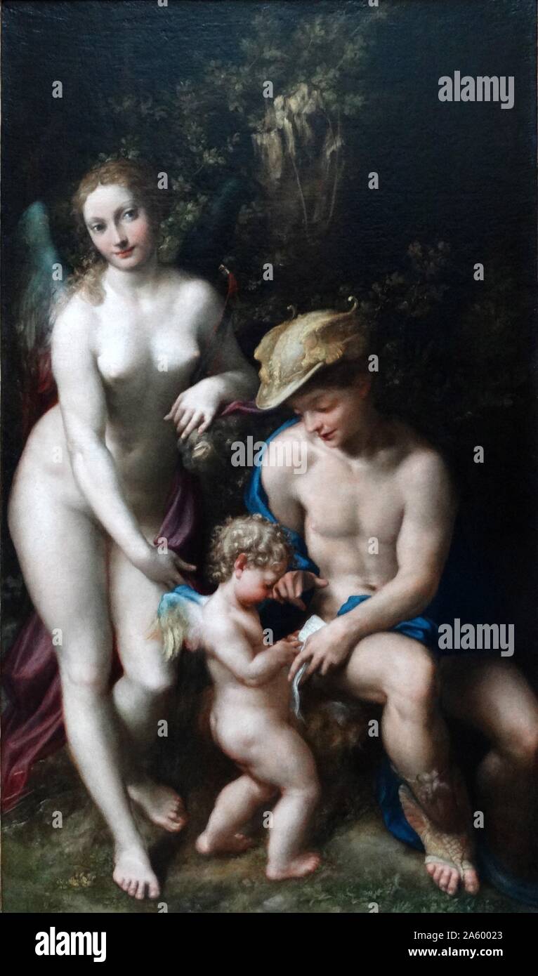 La peinture intitulée "L'École de l'amour" par Antonio da Correggio (1489-1534) peintre de l'école de Parme de la Renaissance italienne. En date du 16e siècle Banque D'Images