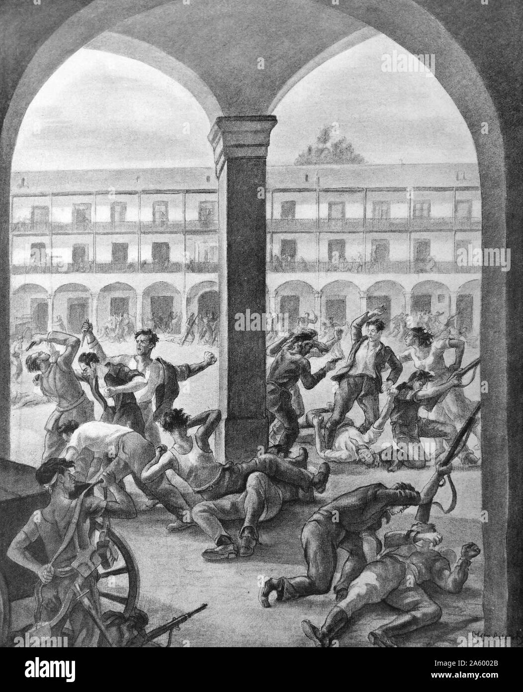 Illustration de propagande montrant des combats de rue dans une place de la ville pendant la guerre civile espagnole. Datée 1936 Banque D'Images Illustration de propagande montrant des combats de rue dans une place de la ville pendant la guerre civile espagnole. Datée 1936 Banque D'Images