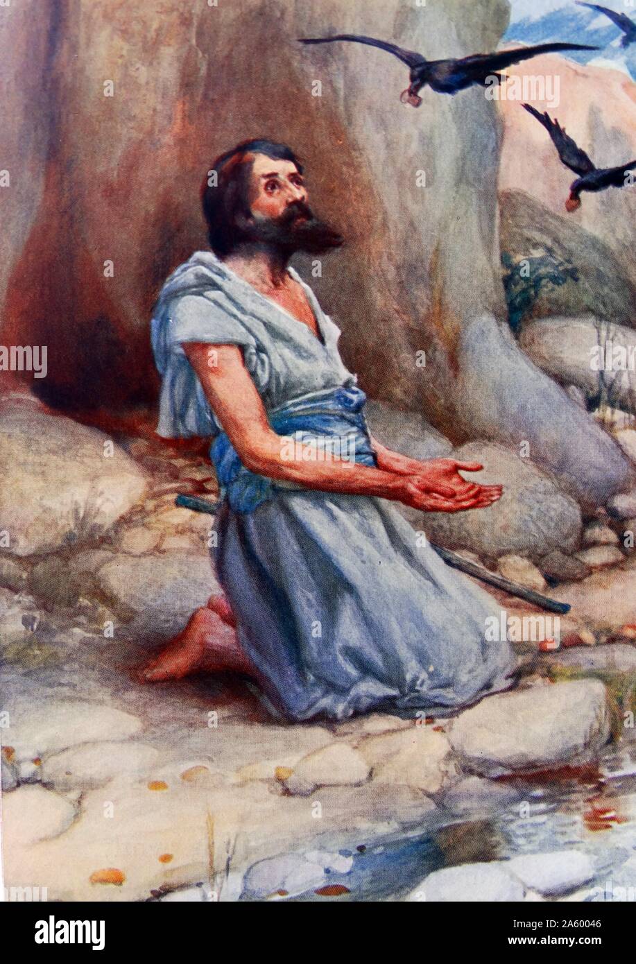 Peinture représentant Elie et les corbeaux. Elie était un prophète et un prodige-travailleur dans le royaume du nord d'Israël. Banque D'Images