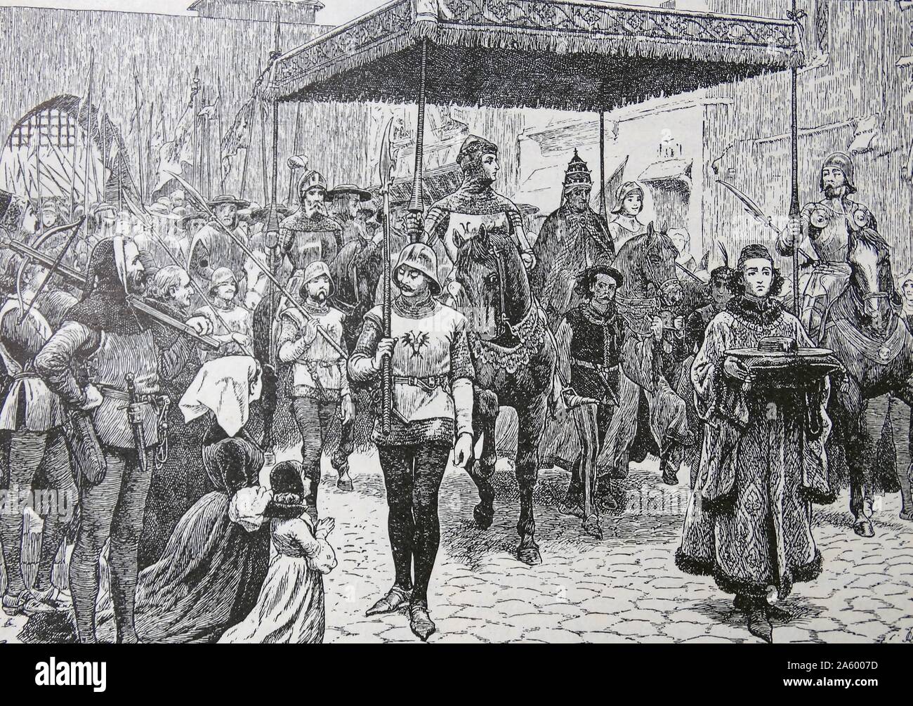 Gravure représentant l'entrée de l'État du Pape Jean XXII en constance pour le fameux conseil. En date du 14e siècle Banque D'Images Gravure représentant l'entrée de l'État du Pape Jean XXII en constance pour le fameux conseil. En date du 14e siècle Banque D'Images