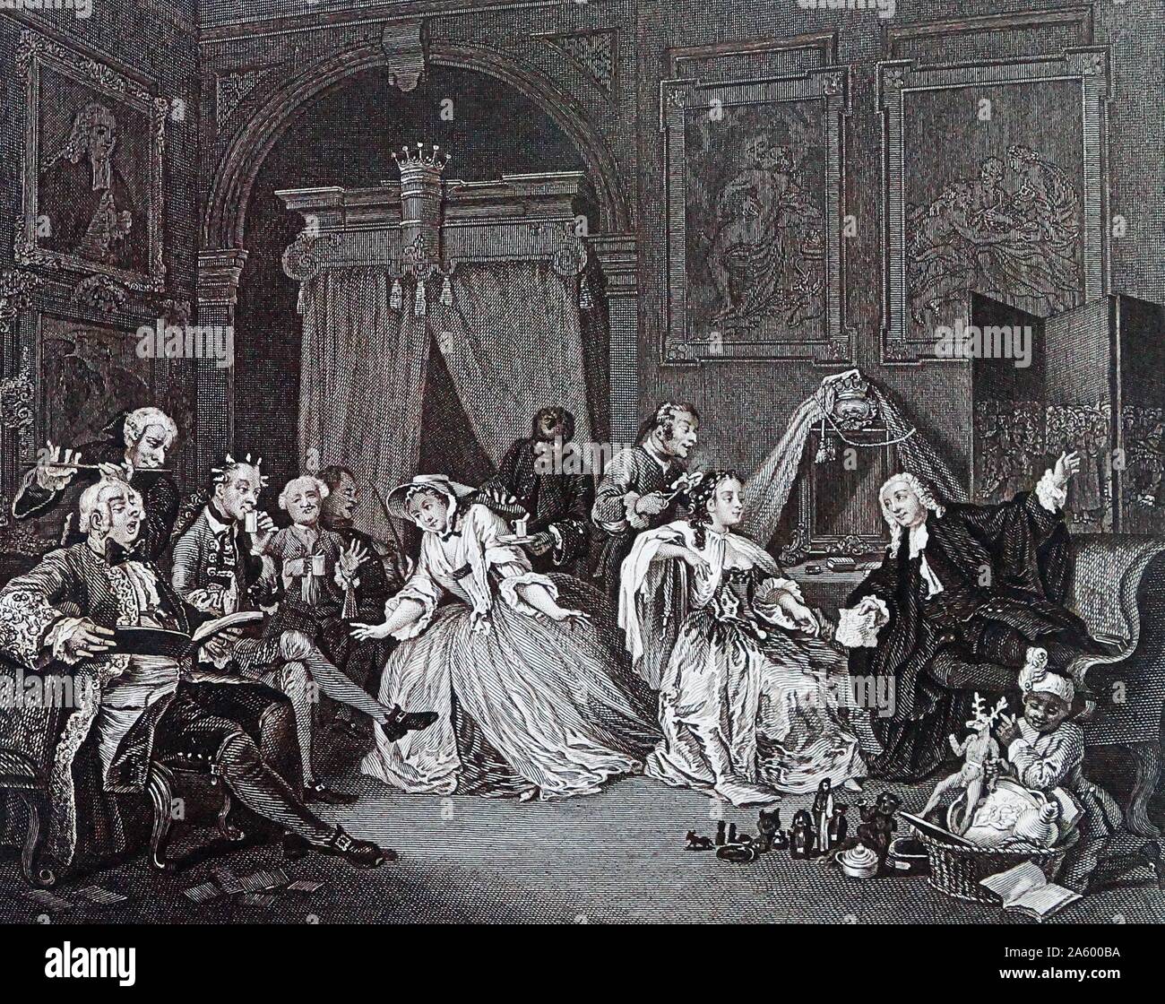 La toilette de mariage à-la-mode, 1743 - 1745, par William Hogarth. illustre la Comtesse est assis avec son dos à ses invités, inconscient, comme un serviteur s'occupe de sa toilette. Par William Hogarth (1697 - 1764). Anglais, peintre, graveur, satiriste. Banque D'Images