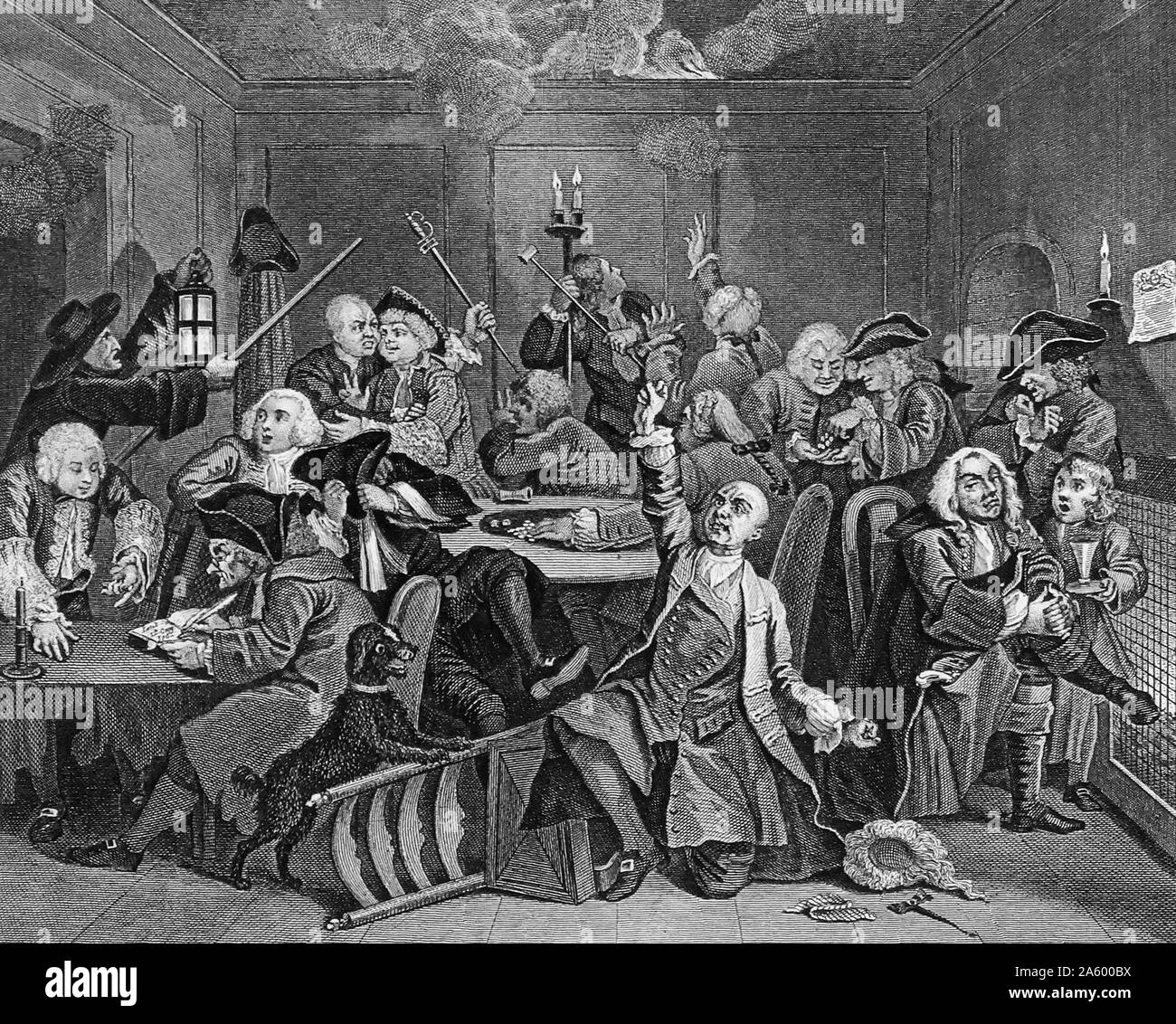 Un Rake's Progress - Planche 6 - Scène dans une maison de jeu par William Hogarth (1697 - 1764). Anglais, peintre, graveur, image satirique. La sixième peinture montre Tom plaidé pour l'aide du Tout-Puissant dans un tripot à Soho's Club blanc après avoir perdu sa "nouvelle chance". Banque D'Images