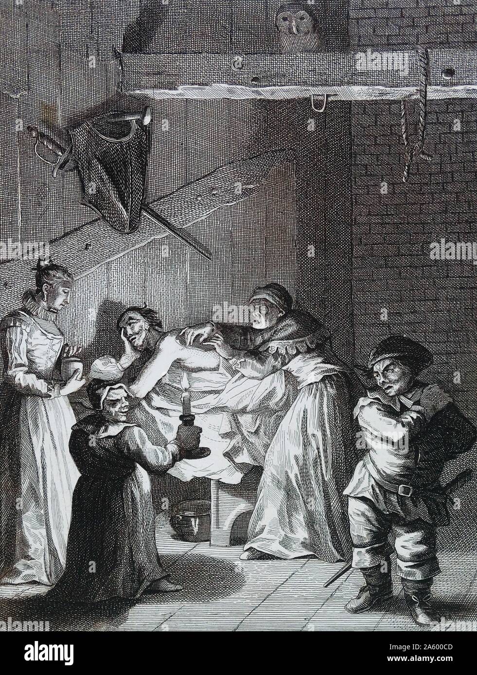 L'Innkeeper's femme et sa fille en prenant soin de vous Don après avoir été battu et meurtri. 1756. par William Hogarth (1697-1764), peintre et graveur anglais, image satirique. L'un des six Illustrations de Don Quichotte de Miguel de Cervantes Banque D'Images