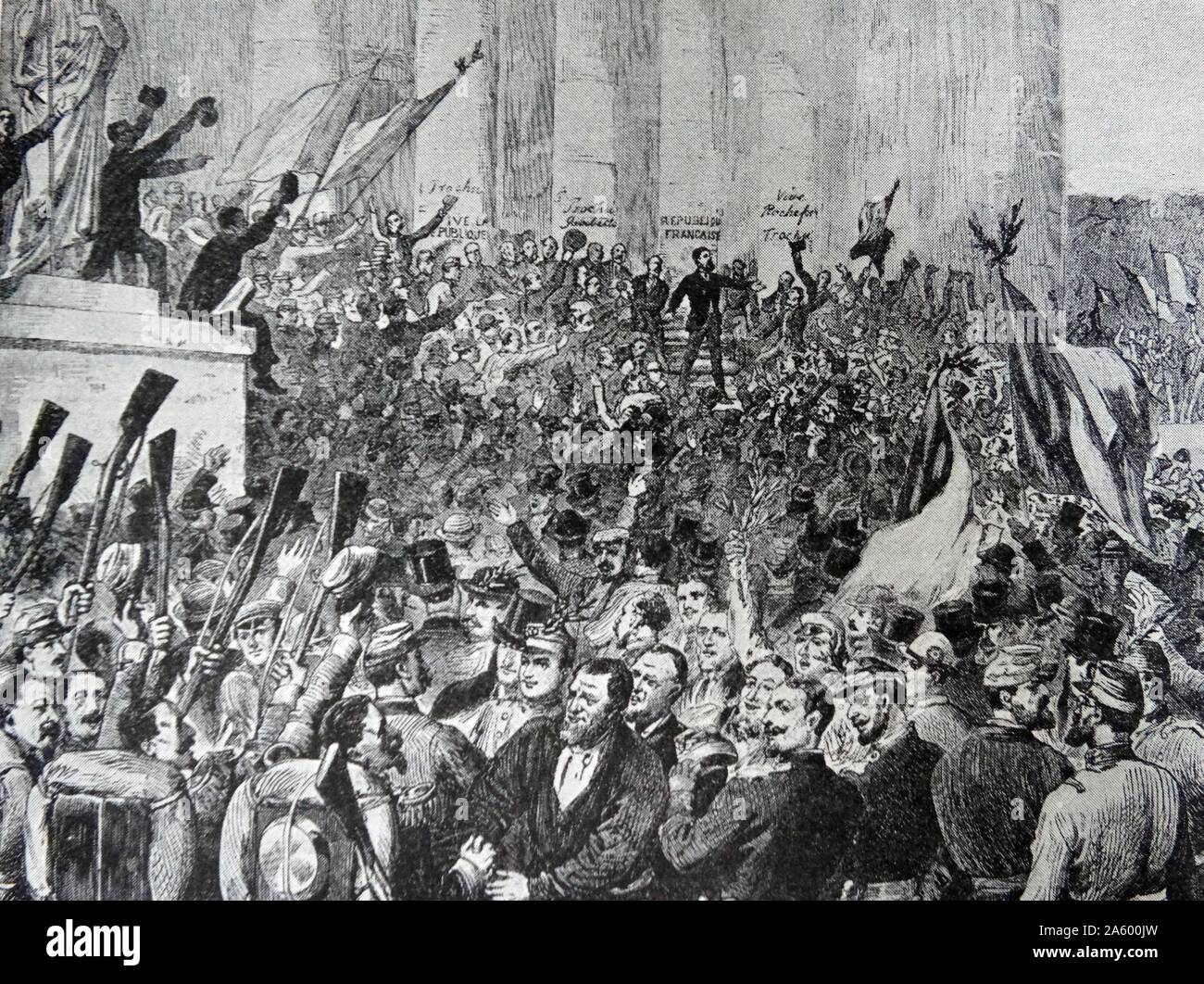 Gravure représentant Léon Gambetta (1838-1882) un homme d'État français, la proclamation de la République au Palais du corps législatif. En date du 19e siècle Banque D'Images