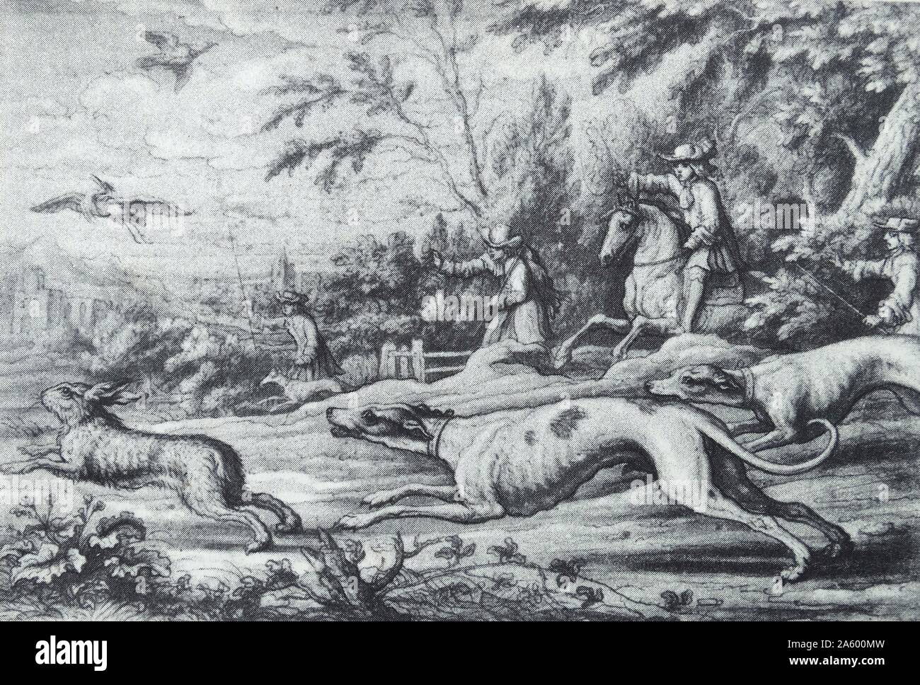 Tableau représentant une scène de chasse par Francis Barlow (1626-1704) peintre anglais, aquafortiste et illustrateur. En date du 17e siècle Banque D'Images