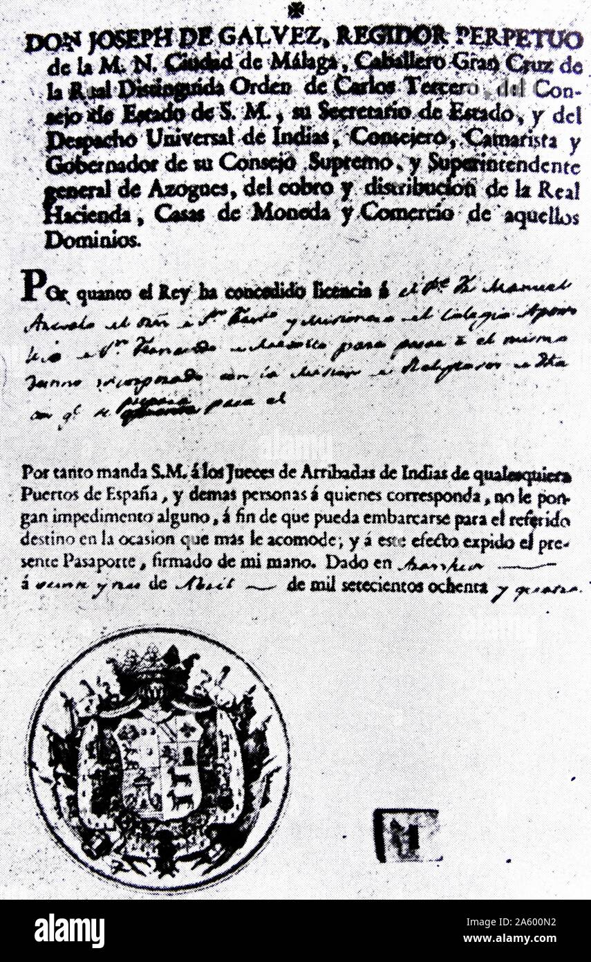 Document signé par José de Gálvez y Gallardo (1720 - 1787) Ministre espagnol des Indes (1775-1787). Banque D'Images