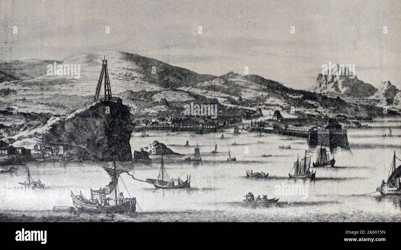 17e siècle dessin européen de Kagoshima, Japon où le jésuite François Xavier débarque en 1519 Banque D'Images 17e siècle dessin européen de Kagoshima, Japon où le jésuite François Xavier débarque en 1519 Banque D'Images