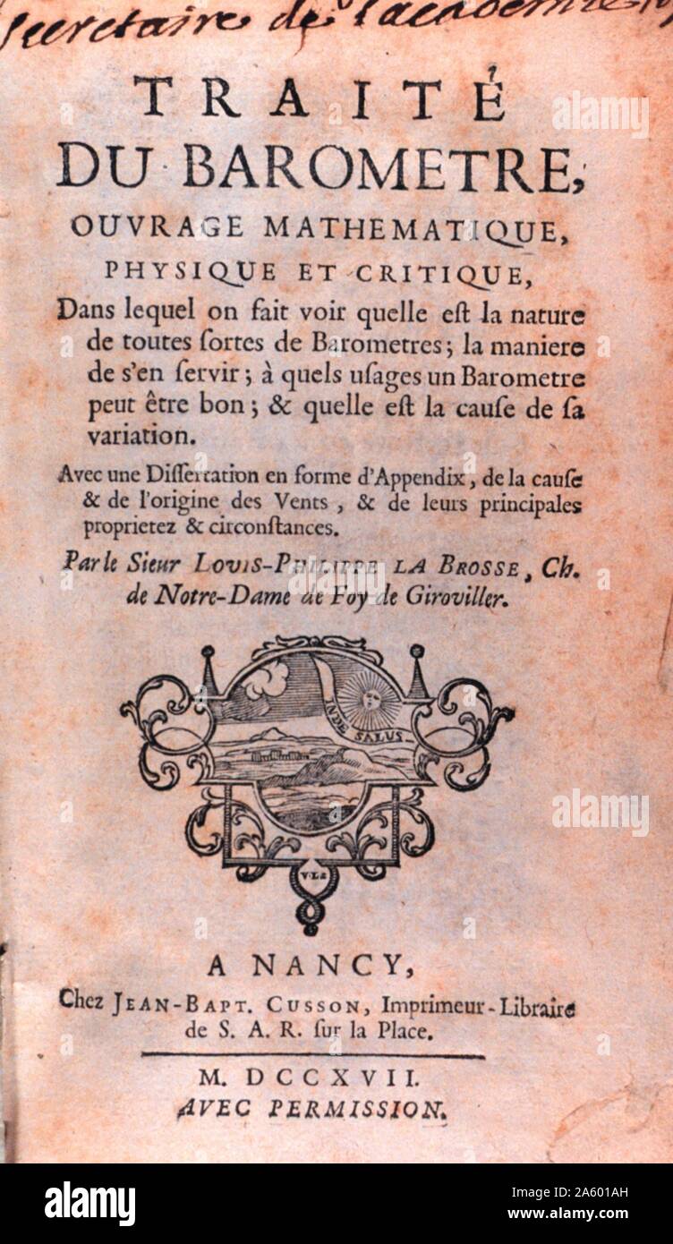 Page de titre de "Traite du baromètre, ouvrage mathematique" par Louis Philippe la brosse. Publié en 1717. Banque D'Images