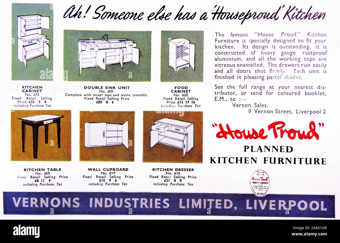 Annonce pour 'chambre fier' des établissements autonomes de meubles de cuisine. Les produits blancs britanniques en 1950. Banque D'Images
