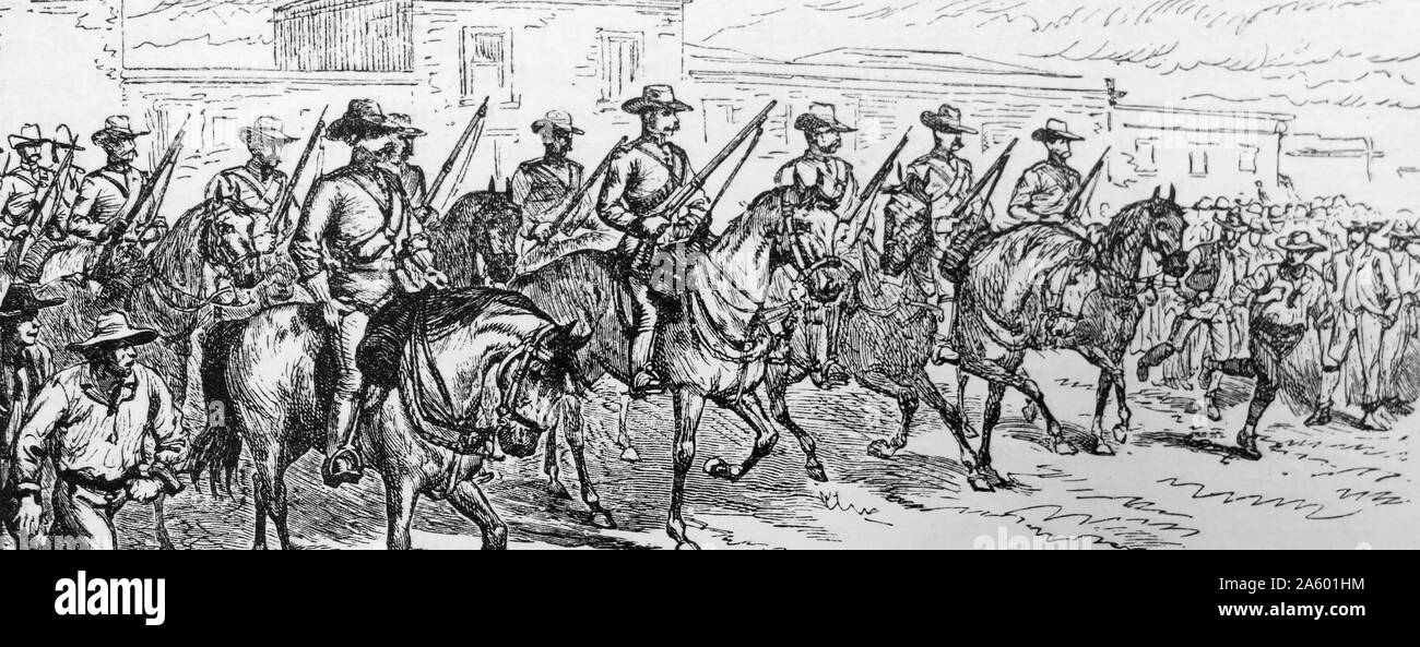 Crise du travail australien de 1890, au cours de la grande grève d'expédition à Melbourne : infanterie à cheval arrivent à maintenir l'ordre public. Banque D'Images
