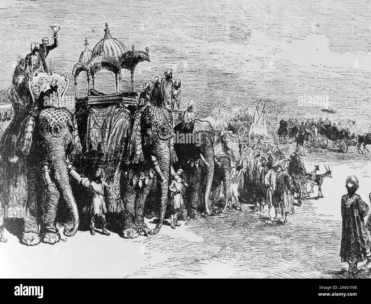 L'entrée de l'état du prince de Galles (futur roi Édouard VII) à Lahore, au cours de son tour de l'Inde et le Pakistan (1876). Princes indiens sur les éléphants décorés bordent la route. Banque D'Images