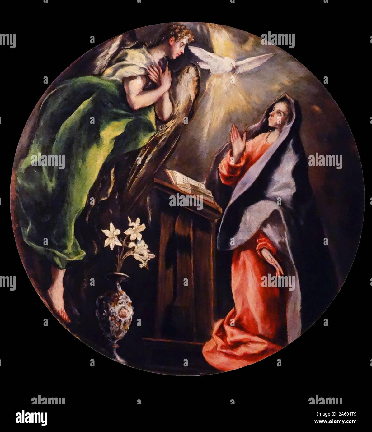 Tableau représentant le 'Annonciation' la fête chrétienne de l'annonce par l'ange Gabriel à la Vierge Marie qu'elle allait concevoir et de devenir la Mère de Jésus, le Fils de Dieu, marquant son Incarnation. Par El Greco Banque D'Images