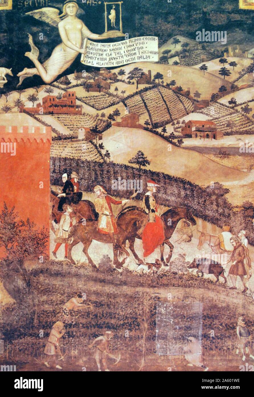 La peinture intitulée "La fauconnerie" par Ambrogio Lorenzetti (1290-1348) peintre italien de l'école siennoise. En date du 14e siècle Banque D'Images