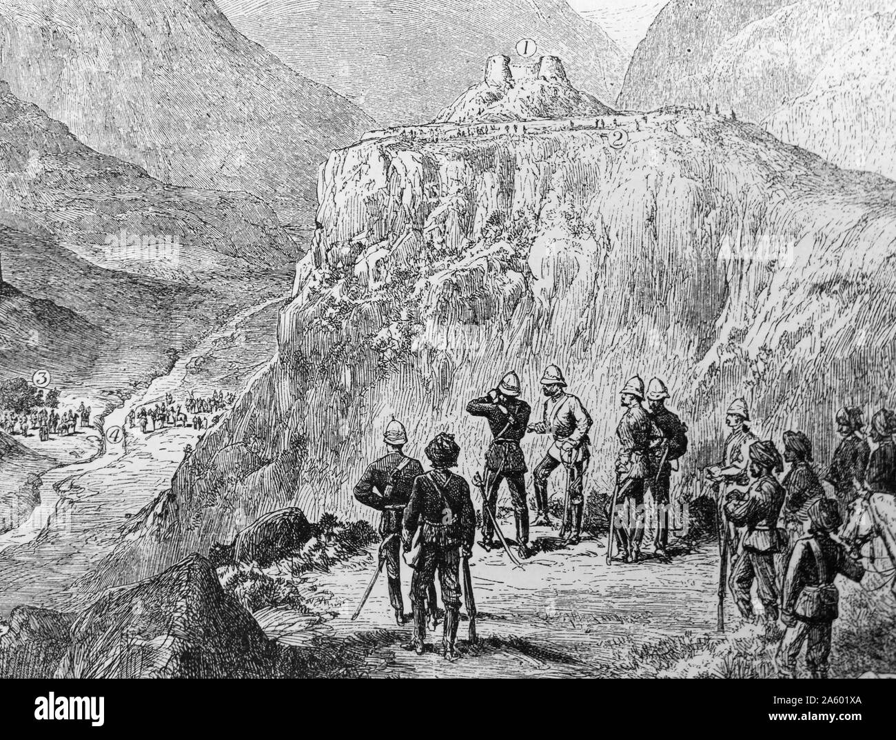 Gravure représentant une scène de la bataille d'Ali Masjid, la bataille d'ouverture de la deuxième guerre anglo-afghane entre les forces britanniques, sous le Lieutenant-général Sir Samuel James Browne, et les forces afghanes, en vertu de Ghulam Haider Khan Banque D'Images