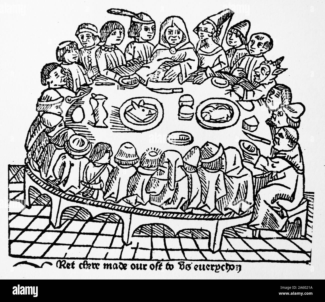 Gravure sur bois représentant une fête médiévale anglaise. Les Contes de Canterbury de Chaucer 1484 Banque D'Images