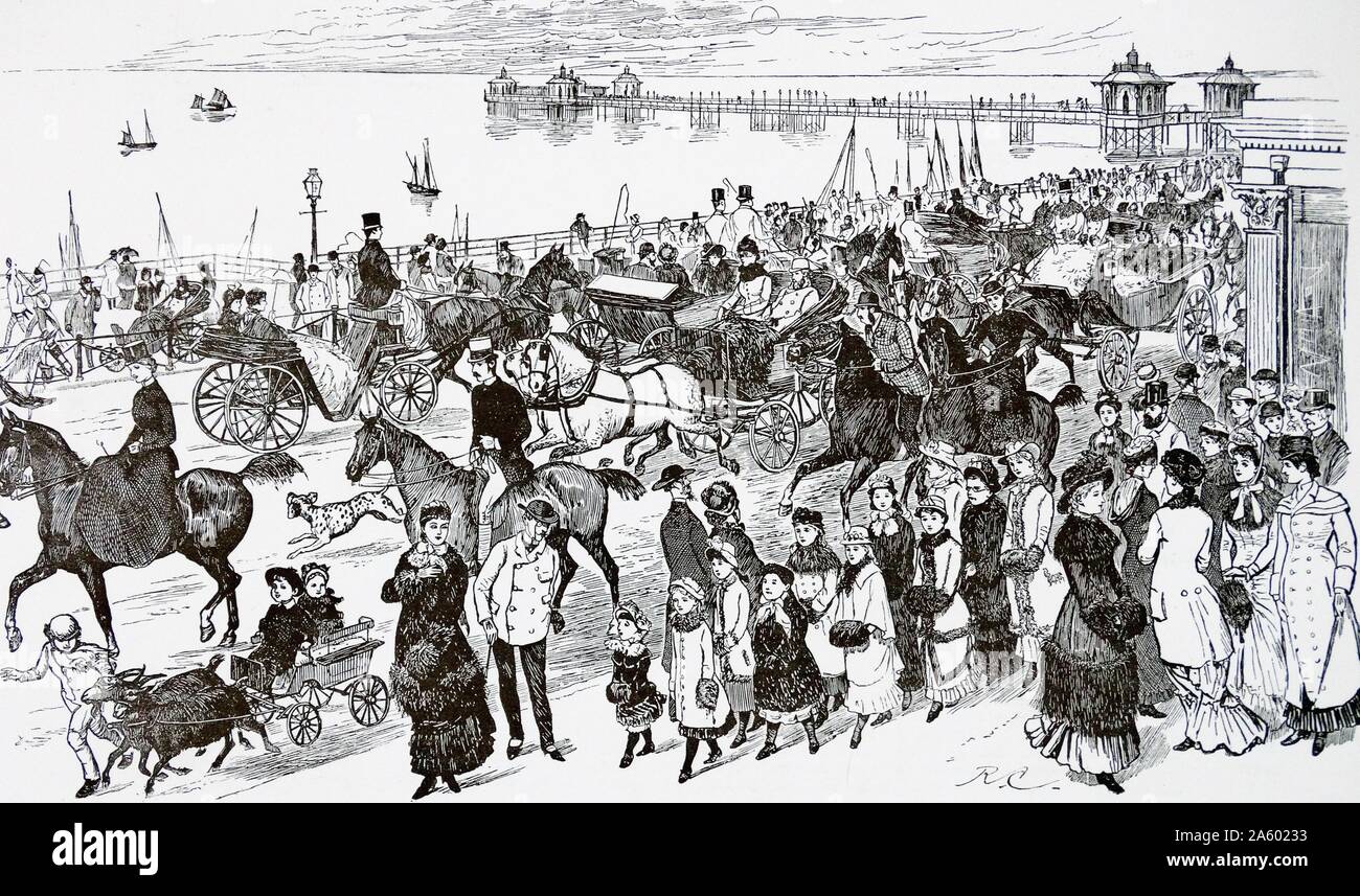 Illustration représentant une scène animée au bord de la mer pendant les vacances d'été. Une grande foule s'affiche sur Kings Road, Brighton, l'équitation, randonnée pédestre et équestre dans les voitures. Du c1877 Banque D'Images
