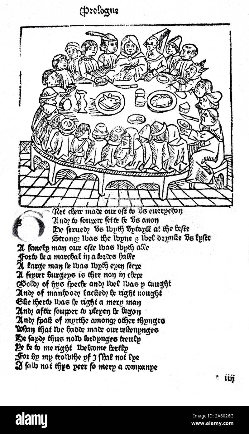 Pèlerins festoyer sur tête de sanglier. À partir de l'édition de Caxton Chaucer's Prologue de la Canterbury Tales, 1483. Banque D'Images