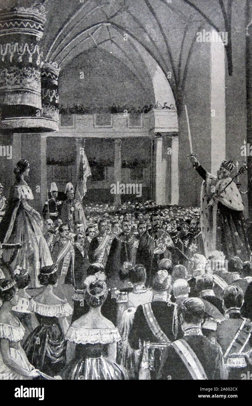 Peinture représentant le couronnement du roi Guillaume de Prusse (1797-1888), de la maison de Hohenzollern et empereur d'Allemagne. Datée 1861 Banque D'Images