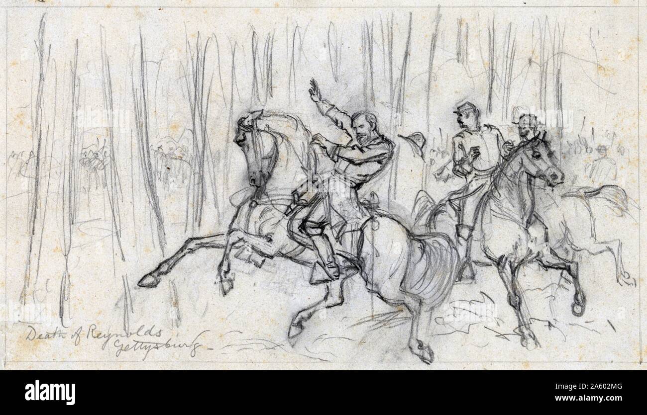 Mort de Reynolds à Gettysburg 1863, par Alfred Waud Rudolph 1828-1891, artiste . Le général de division John Fulton Reynolds sont morts pendant cette guerre civile. Banque D'Images