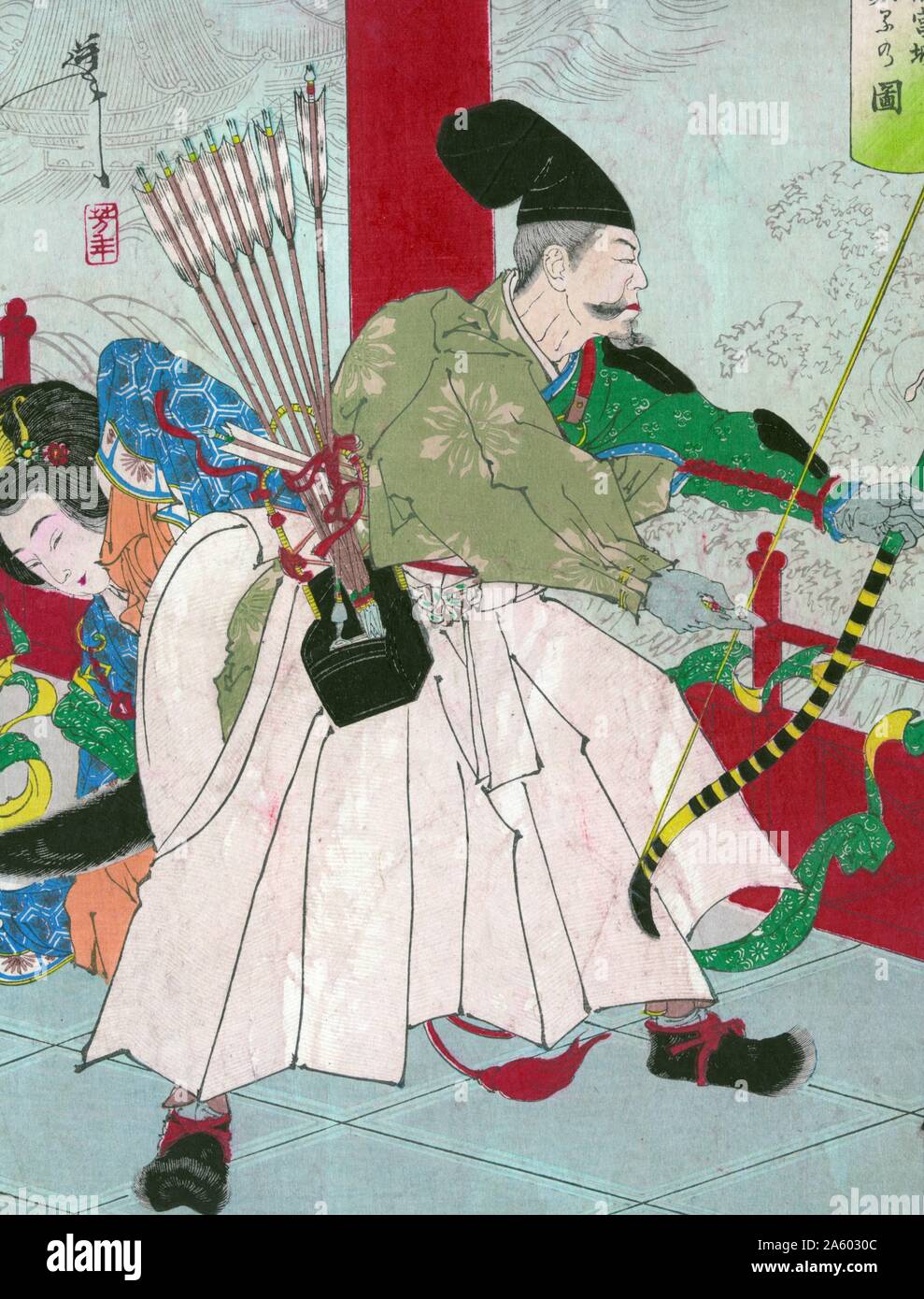Palais du Roi Dragon de l'artiste Taiso Yoshitoshi (1839-1892). Gravure sur bois, la couleur indique le guerrier Watanabe pas Tsuna, avec arc et flèches, au palais de l'Ibaraki démon. Banque D'Images