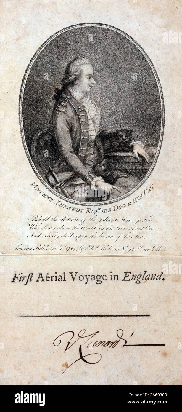 Vincent Lunardi, Esq.., son chien et son chat. Imprimer : crépi de mi-longueur gravure portrait d'aéronaute italien Vincent Lunardi, illustré avec ses animaux avec hommage le verset ci-dessous l'image. Banque D'Images