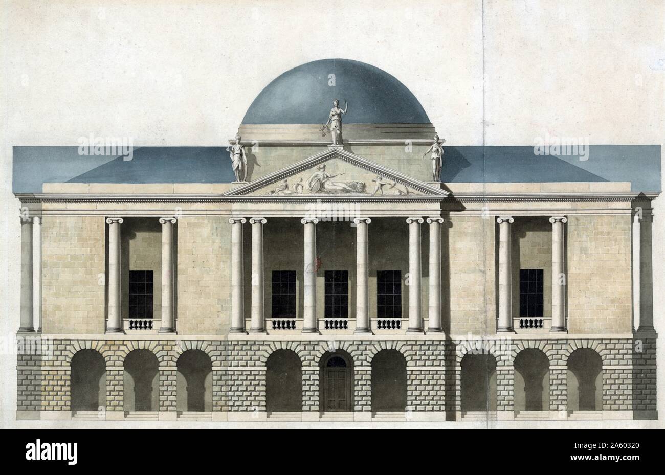 New County Hall, Stafford, en Angleterre. Projet de façade. L'élévation par John Nash, architecte. Dessin à l'aquarelle, encre et graphite sur papier. Banque D'Images