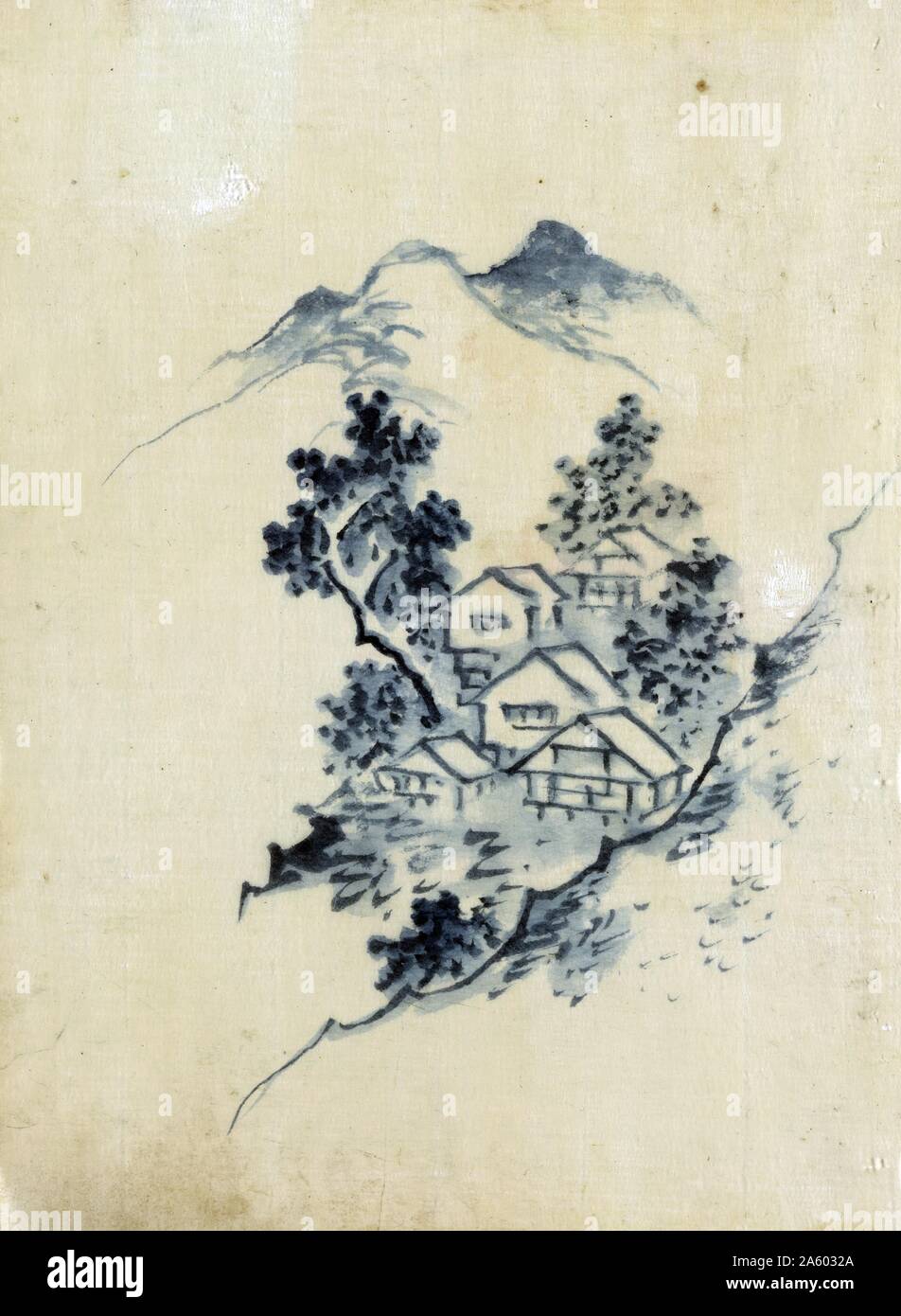 Niché entre les arbres d'immeubles dans une vallée de montagne par Hokusai Katsushika (1760-1849). Dessin sur papier fait main : mince, lavis à l'encre de couleur. Banque D'Images