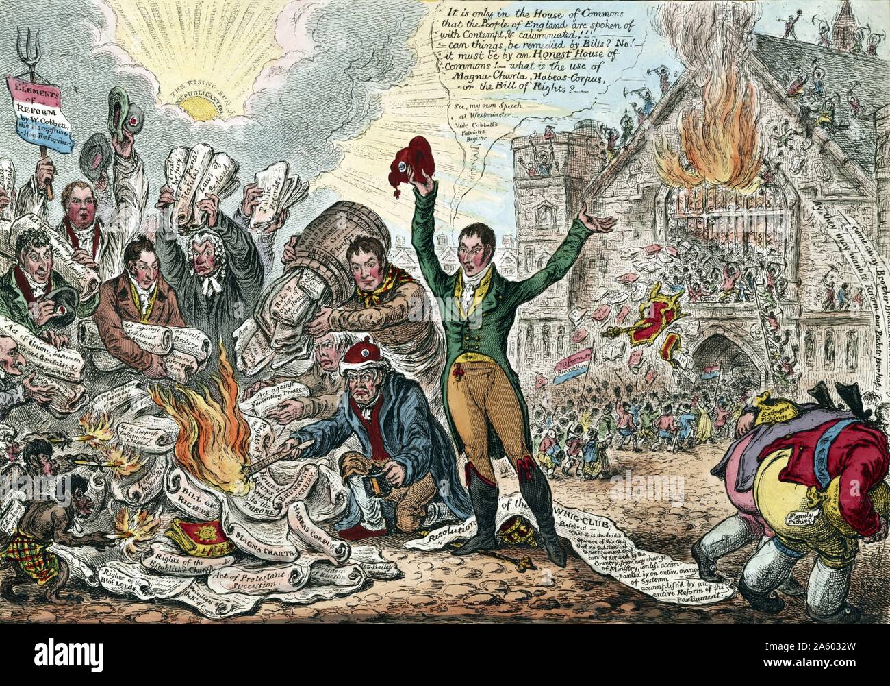 La vraie réforme du Parlement, des patriotes d'allumer un feu en  Nouvelle-révolutionnaire Palace Yard par James Gillray (1756-1815). La  gravure à l'aquarelle, indique Sir Francis Burdett faire un discours et en  agitant