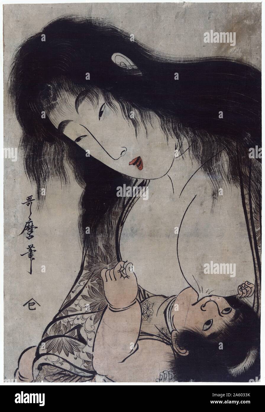 L'allaitement Yamauba Kintaro par Utamaro Kitagawa (1753 ? - 1806). Gravure sur bois en couleur. Banque D'Images