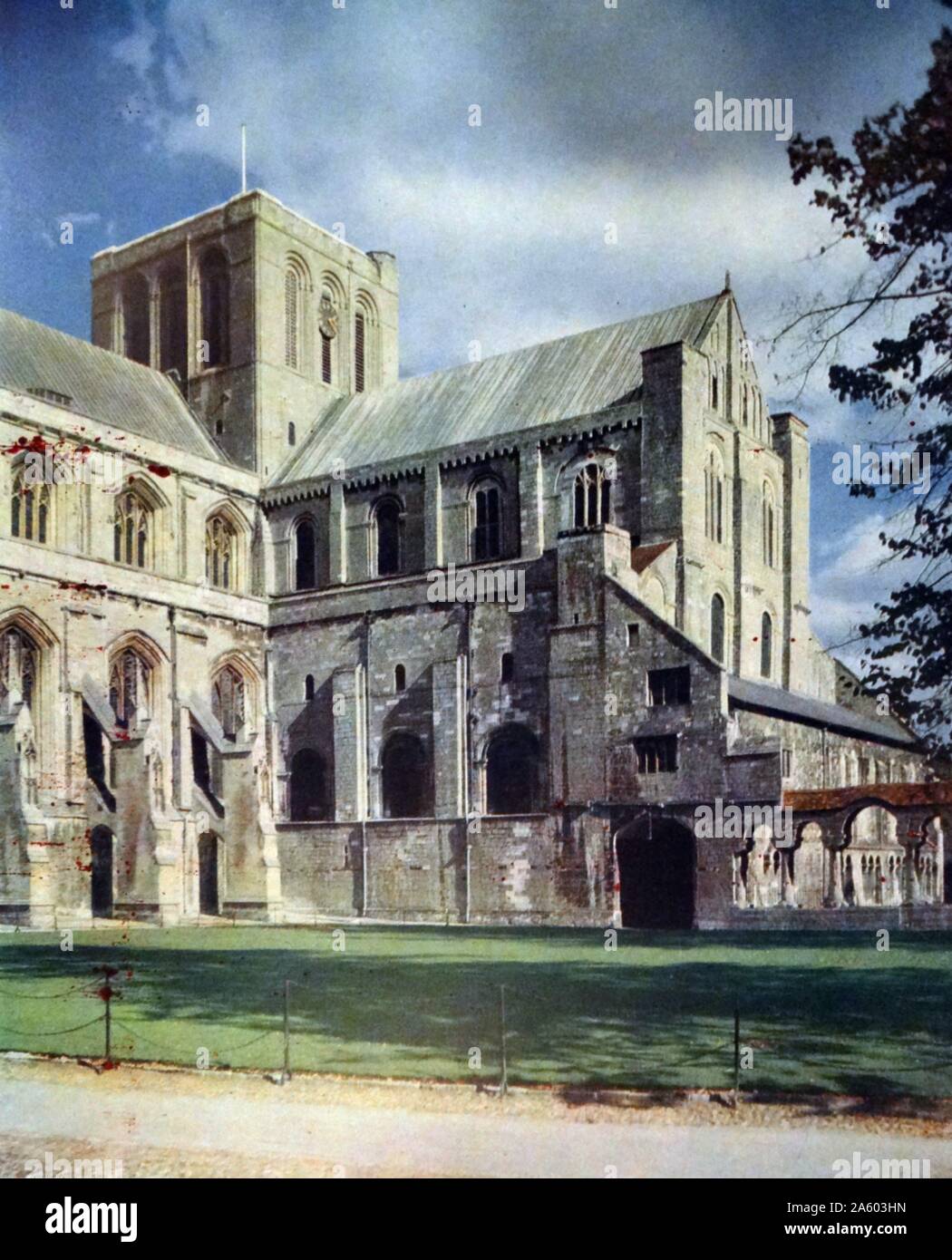 Tableau représentant l'extérieur de la cathédrale de Winchester, une église d'Angleterre dans la cathédrale de Winchester. Banque D'Images