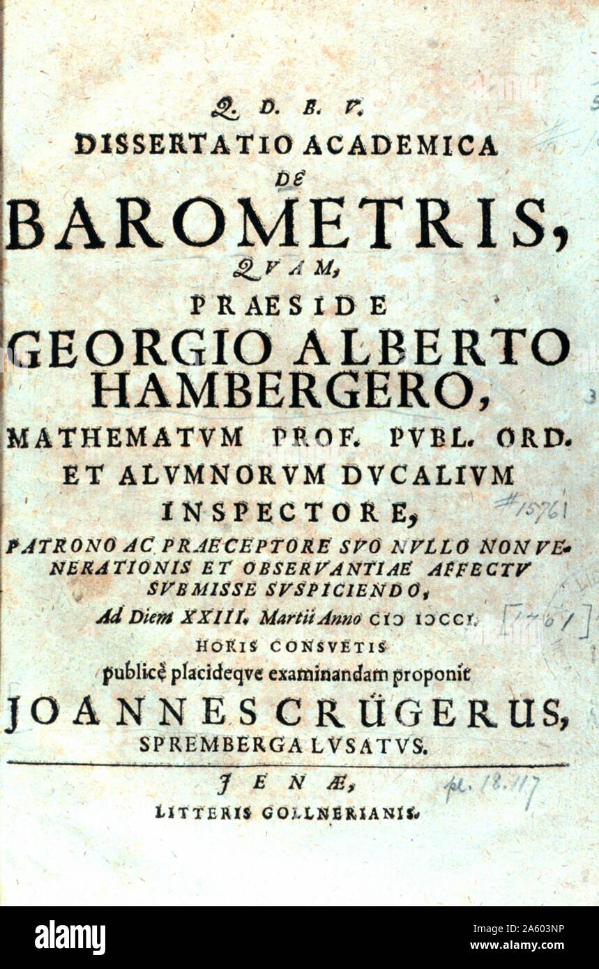 Page de titre de "issertatio academica de barometris' par Georg Albrecht Hamberger (1662-1716), un mathématicien et physicien allemand. En date du 18e siècle Banque D'Images