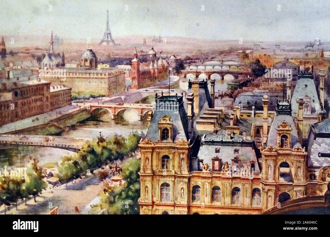 Peinture d'une vue panoramique de Paris par Margaret Dovaston (1884-1955), peintre britannique. En date du 20e siècle Banque D'Images