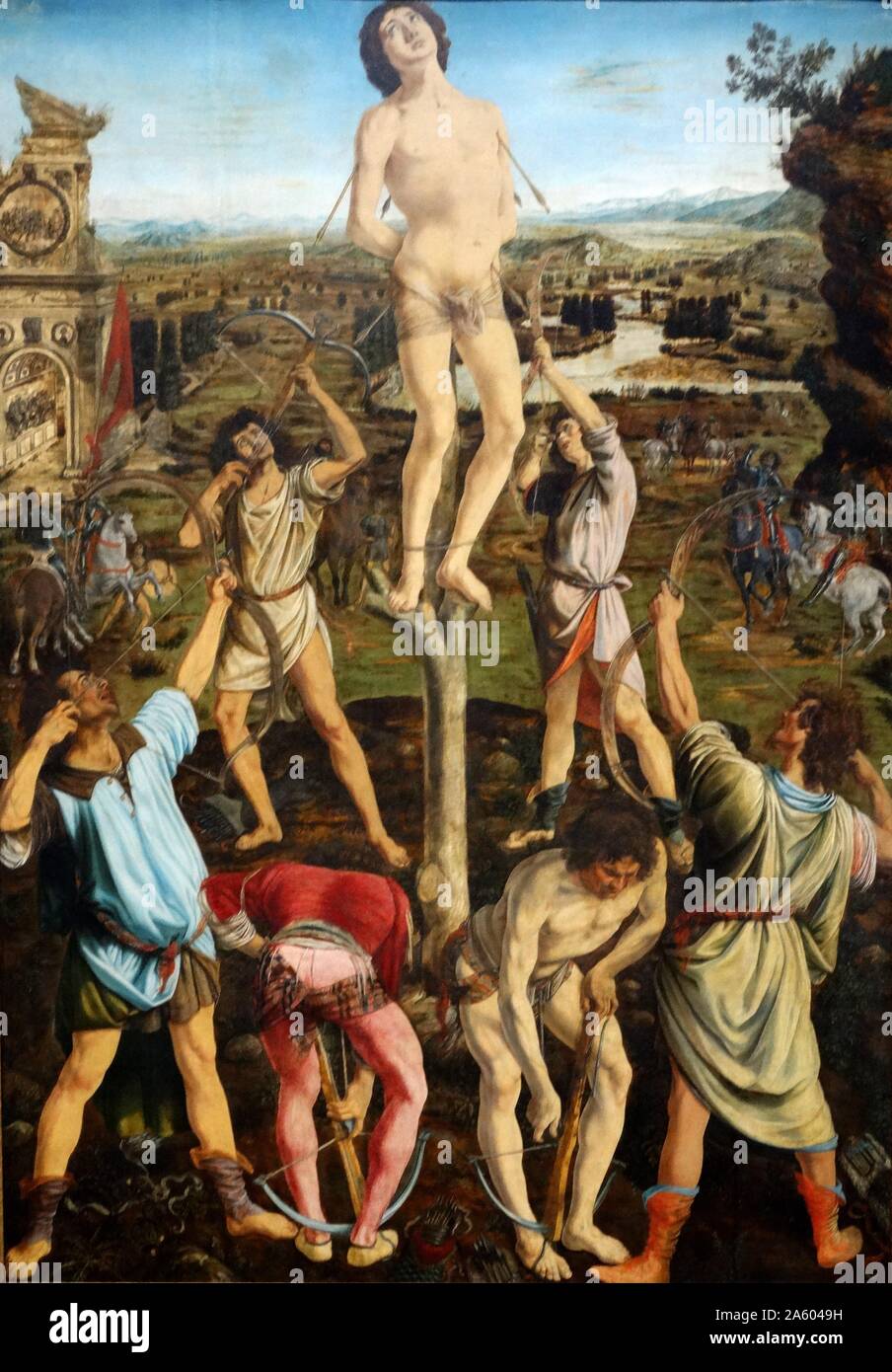 La peinture intitulée 'Le Martyre de Saint Sébastien" par Antonio del Pollaiolo (1439-1498) un peintre, sculpteur, graveur et orfèvre pendant la Renaissance italienne. En date du 15e siècle Banque D'Images