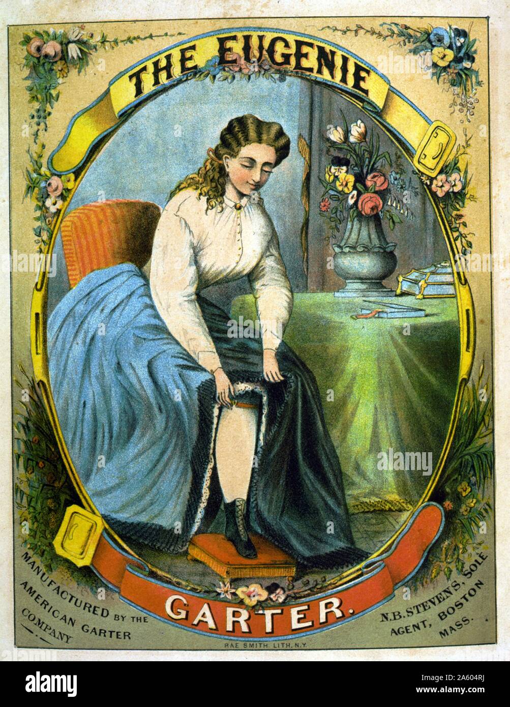 Publicité affiche montrant woman putting sur un porte-jarretelles. Fabriqué par la société américaine porte-jarretelles. Banque D'Images