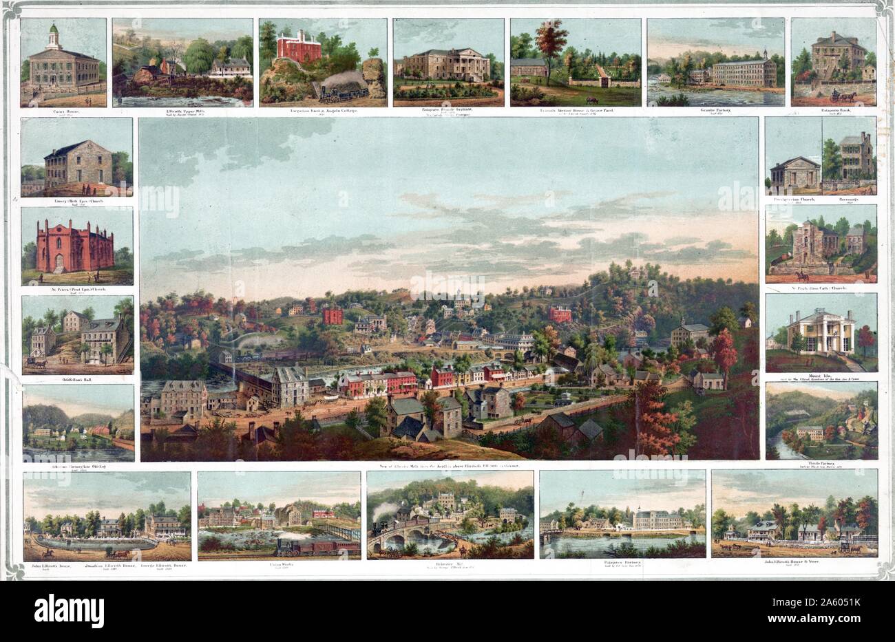 Imprimer montre une vue d'Ellicott's Mills, Maryland ; petites images de divers bâtiments et d'usines dans la ville entourent l'image centrale. 1854 Banque D'Images