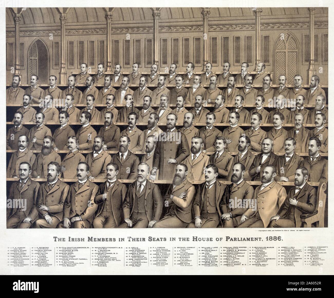Membres irlandais dans leurs sièges à la Chambre du Parlement ; 1886 de l'arrière vers l'avant ; 1. Alexander Blane ; 2. J.D. Sheehan ; 3. Sir Joseph N. M'Kenna ; 4. Donal Sullivan ; 5. Patrick O'Hea ; 6. Le Dr Fox ; 7. Joseph Nolan ; 8. Edw. Harrington ; 9. J.F. Smithwick ; 10. William O'Brien ; 11. E. Mulhallen Marum ; 12. Thomas O'Hanlon ; 13. James Leahy ; 14. P.J. Foley ; 15. J.F.X. O'Brien ; 16. J.L. Carew ; 17. John Finucane ; 18. J. O'Connor ; Maire ; 19. Le Dr Andrew Commins ; 20. Edward Shiel ; 21. James E. O'Doherty ; 22. Michael Conway ; 23. P. M'Donald ; 24. Laurence Connolly ; 25. Henry J. Gill ; 26. Kevin O'Dautres Izod Banque D'Images