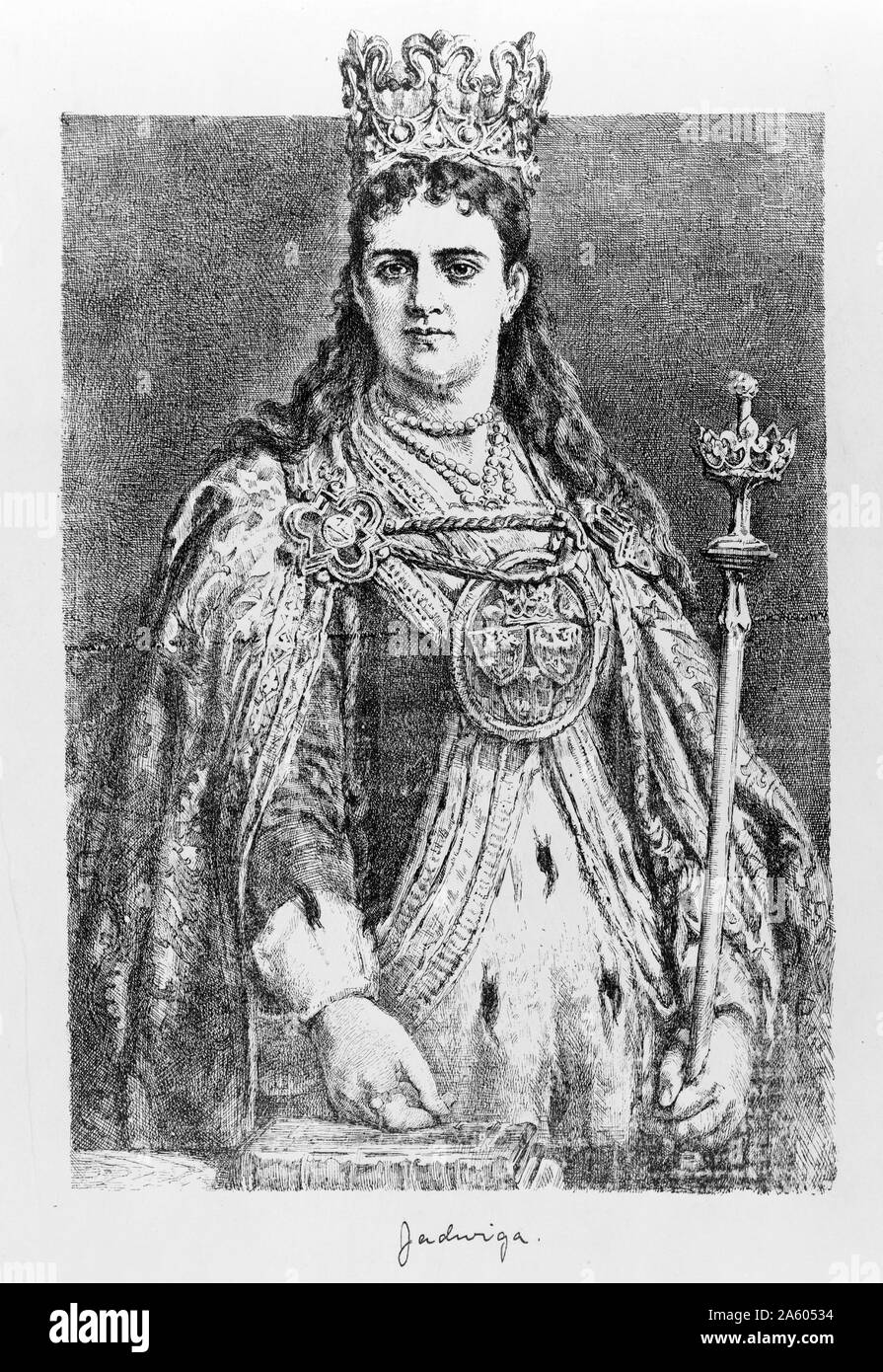Reine Jadwiga portant sa cape et couronne et tenant son sceptre, 1391. Jadwiga était le monarque de la Pologne et a été le souverain dans son propre droit - son titre officiel était 'roi' plutôt que de 'queen' pour en tenir compte. Quand elle est morte en couches son mari a réussi à conserver le trône pendant 35 ans, malgré le fait qu'il n'avait pas de réel, de solides prétentions au trône. Banque D'Images