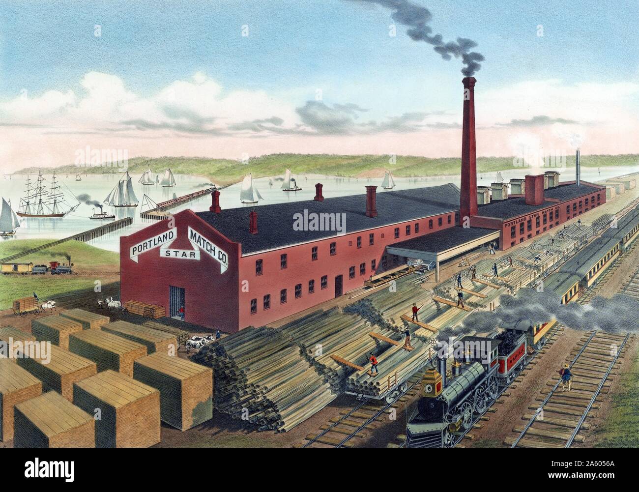 Portland star match factory, les travailleurs du bois de la pile en tant que passager de train à vapeur passe. 1860-1880. Banque D'Images
