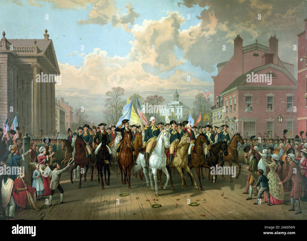 George Washington et d'autres officiers militaires à cheval le long de la rue, de l'Évacuation 24. Un jour férié dans le comté de Suffolk, à célébrer l'évacuation des forces britanniques en 1776. Banque D'Images
