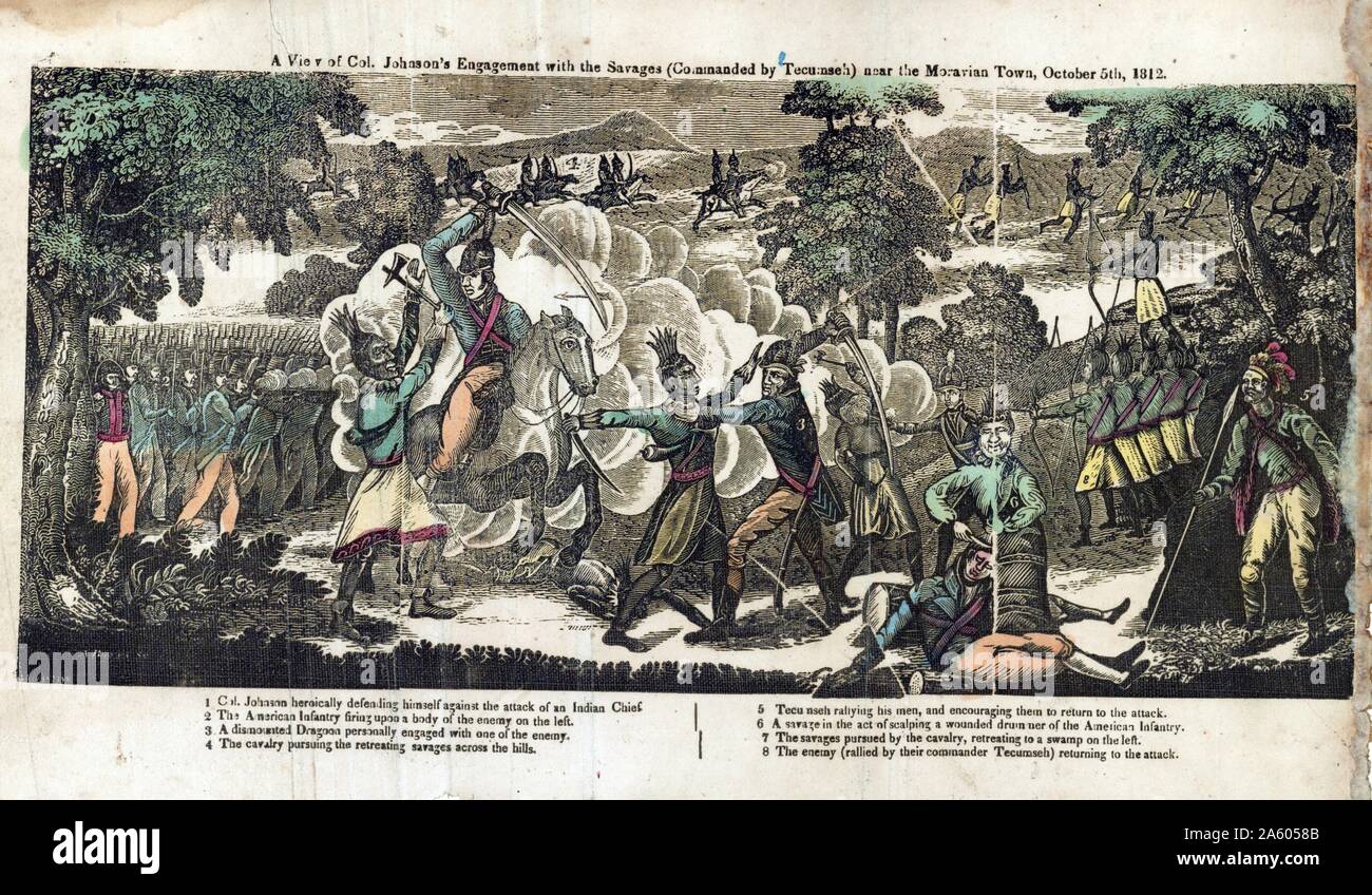 Impression gravure sur bois montre la bataille entre les forces américaines sous le commandement du Colonel Richard M. Johnson et les Autochtones alliés avec les Anglais sous le commandement de Tecumseh. Au centre est l'action détaillé avec Johnson sur l'engagé avec un modèle brandissant une hache, un soldat combattant originaire, et un autochtone scalping un soldat tué, avec Tecumseh debout dans l'avant-plan, à l'extrême droite. 1750-1850 Banque D'Images