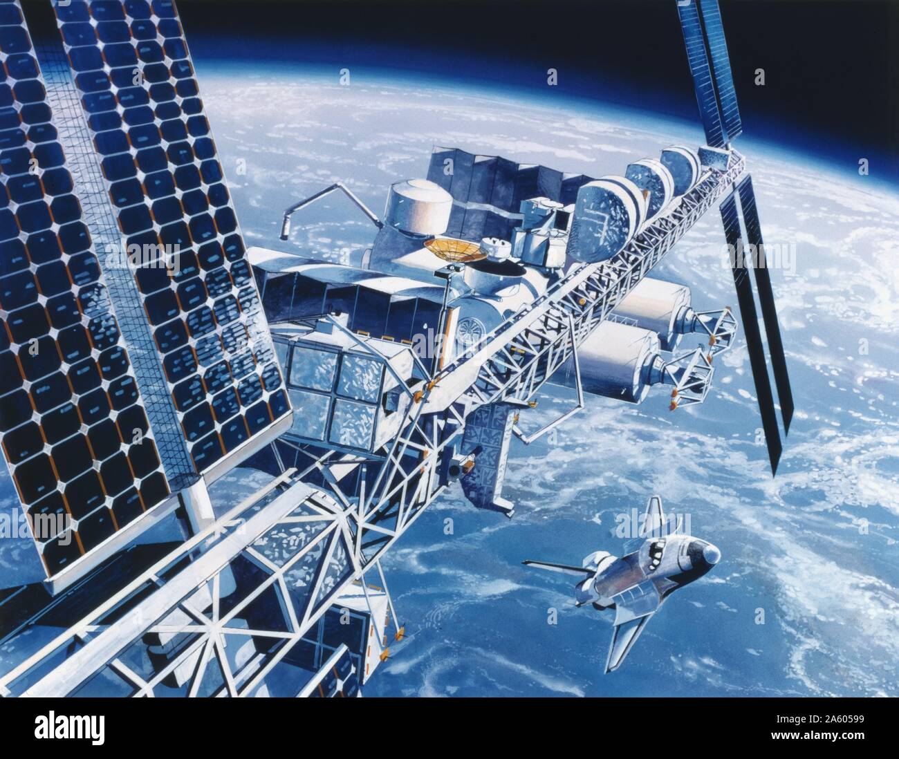 L'interprétation de l'artiste projet Station spatiale américaine "liberté". Cette station spatiale en orbite autour de la terre n'a jamais été construit et a évolué vers le programme de la Station spatiale internationale, avec la participation de la Russie. Banque D'Images