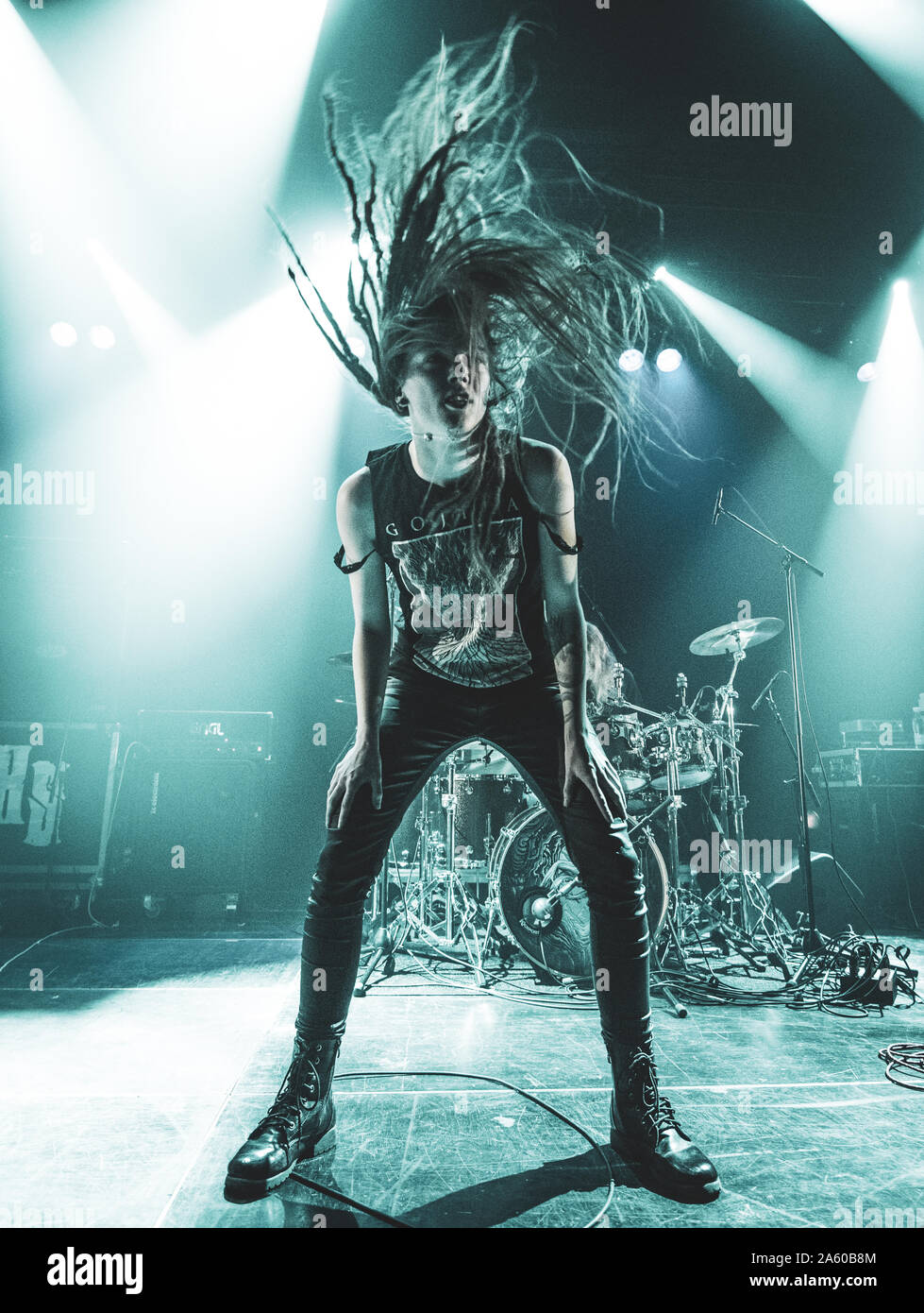Elseneur, Danemark. 01st, 2019 mars. Le groupe de metal extrême danois effectue une Xenoblight Kulturvaerftet au concert live à Elseneur. Chanteur ici Hyldmar est vu Marika sur scène. (Photo crédit : Gonzales Photo - Nikolaj Bransholm). Banque D'Images